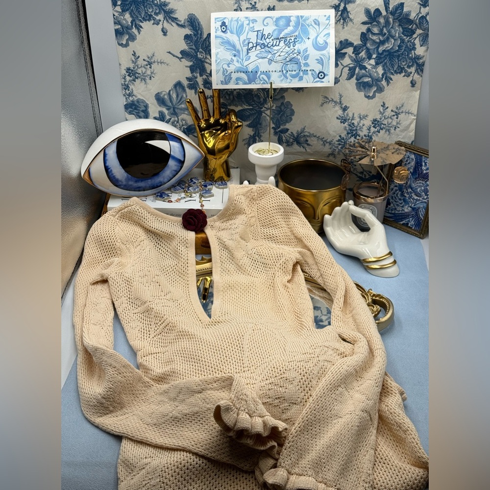 🆕 MIRROR PALAIS 🧿 NWOT Rose Pointelle Crochet Knit Dress, Soft Beige - Sz S - Picture 14 of 17